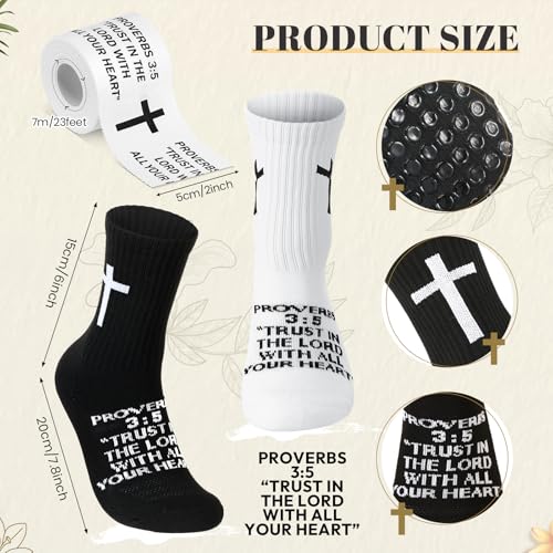 TrelaCo 2 Sets Cross Grip Socks with 2 Pcs Christian Athletic Tape Jesus Soccer Grip Socks Cotton Sports Athletic Tape Serrated Edges for Easter Gifts Football Baseball(Black White,Proverbs 3:5) - color: Proverbs 3:5