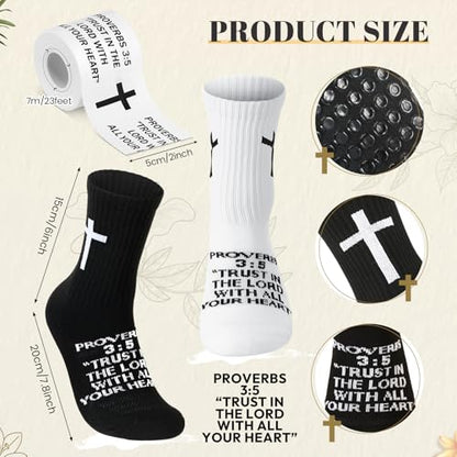 TrelaCo 2 Sets Cross Grip Socks with 2 Pcs Christian Athletic Tape Jesus Soccer Grip Socks Cotton Sports Athletic Tape Serrated Edges for Easter Gifts Football Baseball(Black White,Proverbs 3:5) - color: Proverbs 3:5