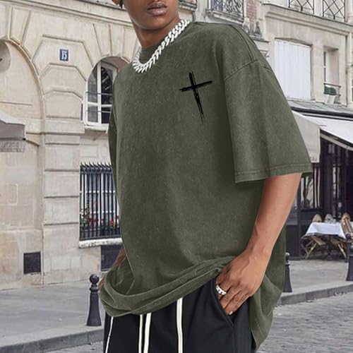 Mens Oversized Christian Shirts Jesus Faith Shirt Funny Gym Graphic Tees God Religious Bible Verse Acid Wash Tshirts - color: Army Green, size: XX-Large