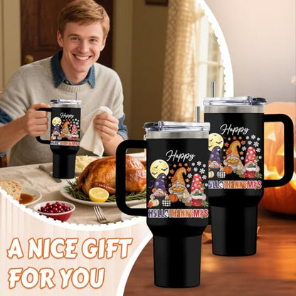Gnome 40oz Tumbler, with Handle Straw, Insulated Sport Coffee Cup - color: HalloThanksMas