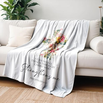 I Can Do All Things Through Christian Blanket, Floral Cross Religious Throw Blanket, Christian Gifts for Women Faith, Bible Verse Blanket for Bedroom Living Room Couch Sofa, 50x60 Inches - color: Cross