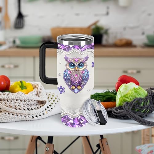 Christian Gifts for Women 40oz Tumbler - Insulated Travel Mug with Handle (Owl, 40 Ounces) - color: Purple