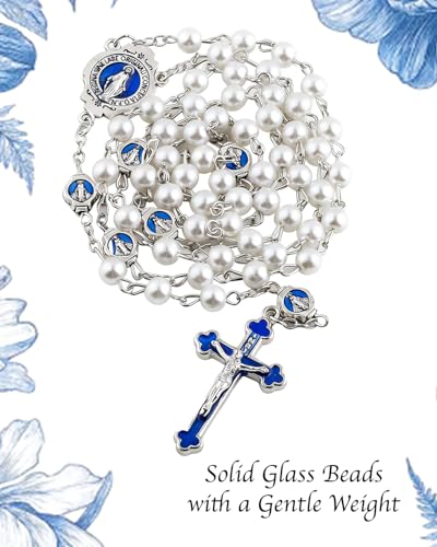 Catholic Rosary Necklace, Solid Glass Beads, Prayer Guide Included, Faith Gift for Women - color: White
