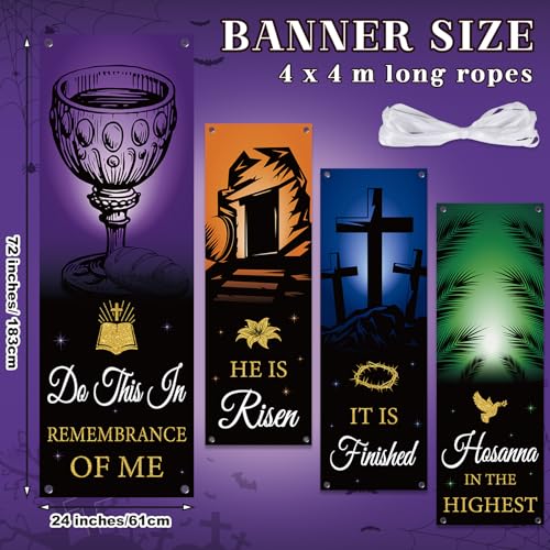 4Pcs Easter Church Banners for Sanctuary Wall Welcome Religious Banners Hanging Backdrop He is Risen Easter Porch Signs Bible Verses Banner Scripture Hanging Signs for Church School Decor - style: He is Risen