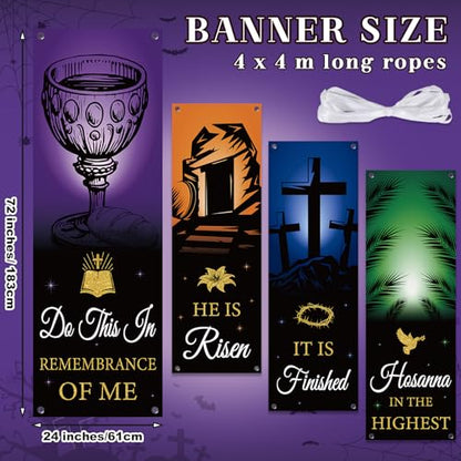 4Pcs Easter Church Banners for Sanctuary Wall Welcome Religious Banners Hanging Backdrop He is Risen Easter Porch Signs Bible Verses Banner Scripture Hanging Signs for Church School Decor - style: He is Risen