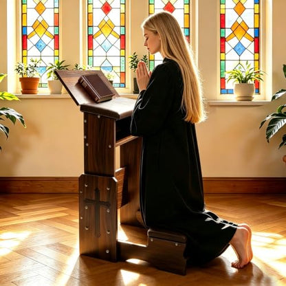 Adjustable Height Folding Prayer Bench with Book Rack – Solid Wood Kneeler for Home, Church, or Chapel – Customizable Ergonomic Posture to Relieve Knee & Back Pain During Long Prayer Sessions