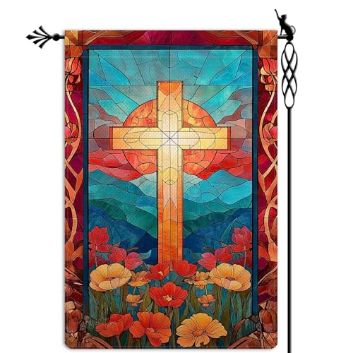 He is Risen Cross Garden Flag Stained Glass Style Easter Floral Flowers Garden Flag Vertical Double Sided Rustic Farmland Burlap Yard Lawn Outdoor Decor 12.5x18" - color: He is Risen Cross #WQ449