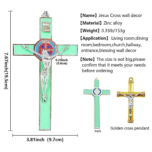 Jesus Crucifix Cross Metal Wall Decor,Saint Benedict Pendant Christian - color: Green