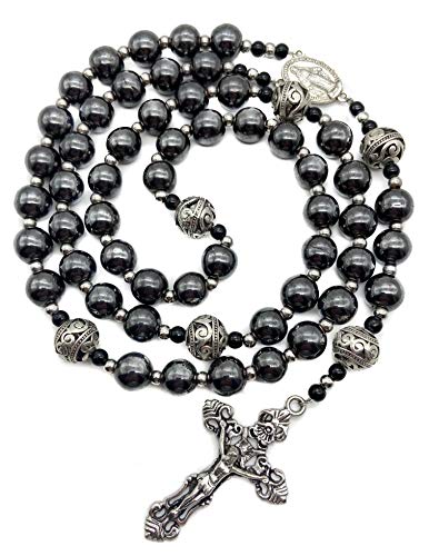 Nazareth Store Hematite Rosary Black Stone Beads Necklace Metal Beaded Silver-Plated Medal & Cross for Men NS