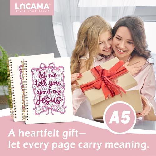 Lacama Bible Journal for Women, Christian Prayer Journal Pink Notebook Gifts for Teen Girls Kids Women, Coquette Preppy Bows Cute Church Faith Journaling Hardcover Spiral Notebook 5.5x8.3 inch - color: Let Me Tell You About My Jesus - Pink