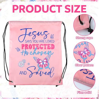 24 Pcs Religious Butterfly God Says Drawstring Backpack God Says Christian Drawstring Bags Large Jesus Bible Verse String Bag Sunday School Gifts - style: Religious Butterfly