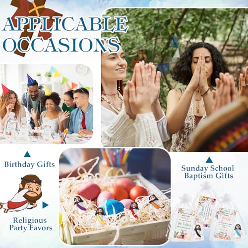 Bememo 50 Sets Bible Verse Cards Include 50 Prayer Cards, 50 Mini Rubber Jesus Figurines and 50 Organza Bags for Religious Party Favors Sunday School Baptism Gifts (Flower Style, Classic) - color: Classic, style: Flower Style