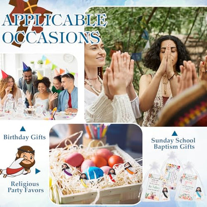 Bememo 50 Sets Bible Verse Cards Include 50 Prayer Cards, 50 Mini Rubber Jesus Figurines and 50 Organza Bags for Religious Party Favors Sunday School Baptism Gifts (Flower Style, Classic) - color: Classic, style: Flower Style