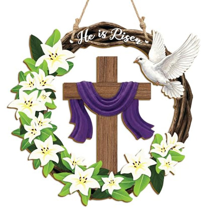 He is Risen Easter Wreath, Wooden Christian Cross Door Decor with Lily Flowers & Dove, Faith-Inspired Easter Hanging Sign for Front Door, Wall, Farmhouse Spring Decor