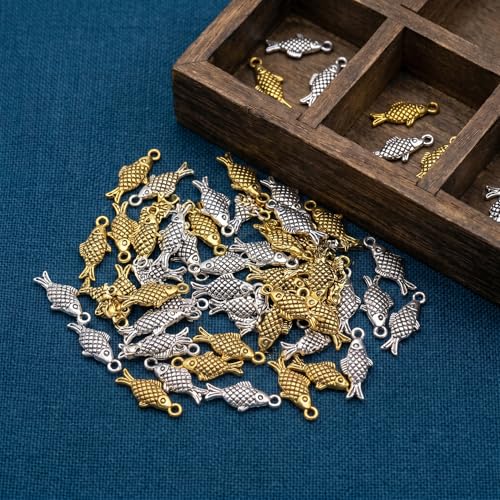 100Pcs Fish Charm Pendant, Antique Gold & Antique Silver Alloy Sea Animal Fish Shape for Jewelry Making DIY Necklace Bracelet Earring Craft Supplies