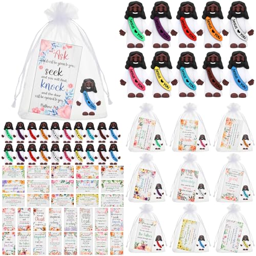 Bememo 50 Sets Christian Gifts Bulk Bible Verse Cards Include Little Jesus Figures Prayer Cards and Organza Bags for Religious Party Favors Sunday Baptism Gifts(Flower Style,Dark) - color: Dark, style: Flower Style