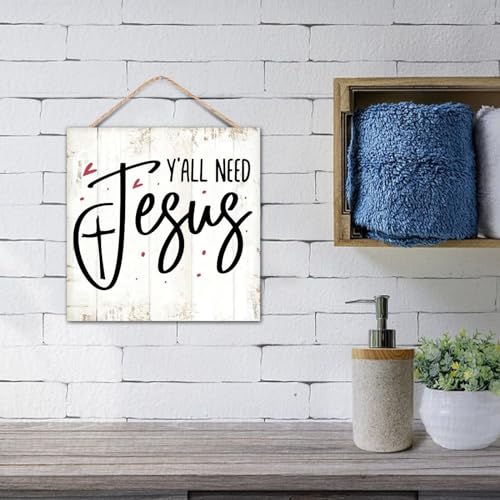 Novelty Hanging Sign 0 Y'all Need Jesus Wood Sign with Jute Rope Bible Verse Saying Rustic Wood Signs Plaque Artwork for Family/Friend/Women/Mother Gift - color: crimson-style-6