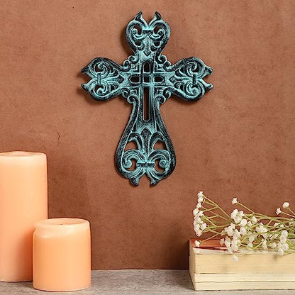 Ardour Distressed Blue Wall Cross for Home Decor.Metal Hanging Decorative Crosses Wall Decor - 6.8 x 9 Inches