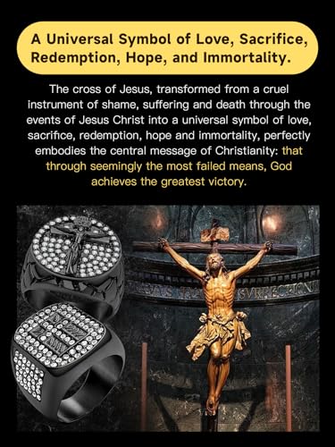 Men's Cross Ring Stainless Steel Cubic Zirconia Crucifix for Men, 18K Gold Plated, Black, Silver Religious Christian Jesus Ring, Size 7-14 - color: 03. Black-Jesus Crucifix