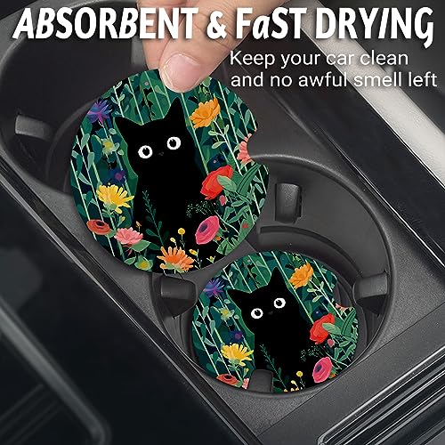 Yonlevres Car Coasters for Cup Holders, Flower Black Cat, 2 Pack - color: Flower Balck Cat