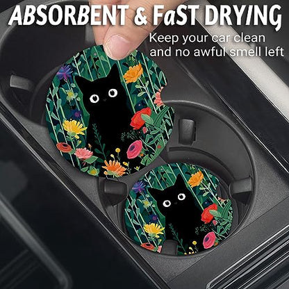 Yonlevres Car Coasters for Cup Holders, Flower Black Cat, 2 Pack - color: Flower Balck Cat