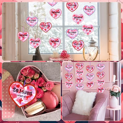 Lunmon 24 Pcs So Loved John3:16 Christian Valentine Crafts Religious Valentine Suncatchers Ornaments DIY Heart Stained Glass Kit Window Art for Church Party Vbs with Ribbon and Stickers - style: Heart