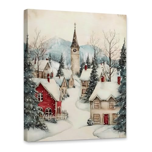 KSDUT Vintage Winter Canvas Wall Art Decor - Retro Winter Country Xmas Artwork Canvas Frame Hanging Prints, Rustic Landscape Town Christmas Wall Decor for Home Farmhouse Bedroom Decorations 11"x14" - color: Christmas-3