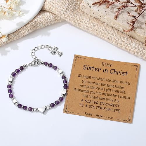 TONY & SANDY Christian Gifts for Women, Religious Cross Bracelet Faith Jewelry, Confirmation Baptism Christmas Birthday Gifts for Women, Unique Gifts for Teens Girls Kids Adults - style: Sister in Christ - Amethyst