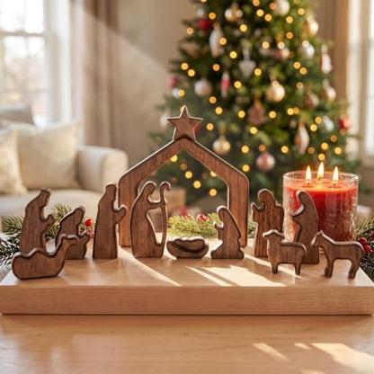 FESTGLOX Wooden Nativity Set Indoor, 13Pcs Small Christmas Nativity Scene - color: Nativity-13 Pieces