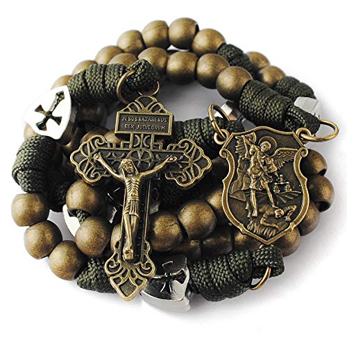HanlinCC Catholic Rosary Paracord Large Metal Beads St.Michael Medal Men - style: Antique Bronze St.Michael Paracord Rosary