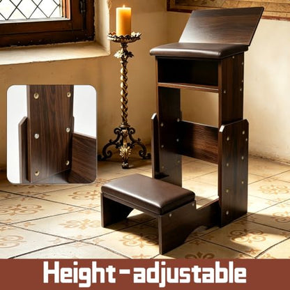 Adjustable Height Folding Prayer Bench with Book Rack – Solid Wood Kneeler for Home, Church, or Chapel – Customizable Ergonomic Posture to Relieve Knee & Back Pain During Long Prayer Sessions