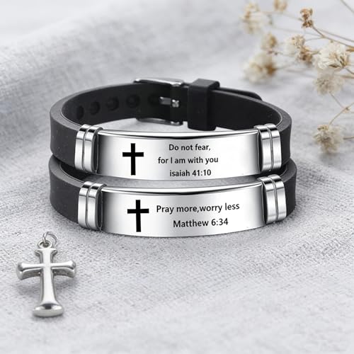 2Pcs Inspirational Quote Cross Bracelets Faith Christian Bible Verse Silicone ID Wristband Religious Bracelet Set Gift for Men Women - style: BR020-1/2