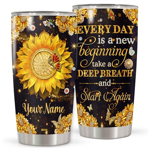 WAZONE Personalized Sunflower Insulated Tumbler 20oz 30oz Every Day Is A New Beginning Motivational Sayings Custom Name Gifts For Women Friends Stainless Steel With Lid Vacuum Travel Cup Mug - color: Sunflower