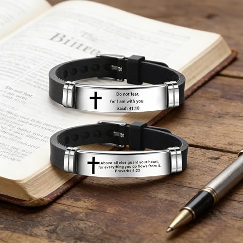 2Pcs Inspirational Quote Cross Bracelets Faith Christian Bible Verse Silicone ID Wristband Religious Bracelet Set Gift for Men Women - style: BR020-1/013