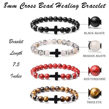 Mens Beaded Bracelets, 8MM Beaded Bracelets for Men, Natural Tiger Eye Bead Bracelet, Stretch Elastic Beads Bracelets for Men - color: Black dragon red yellow