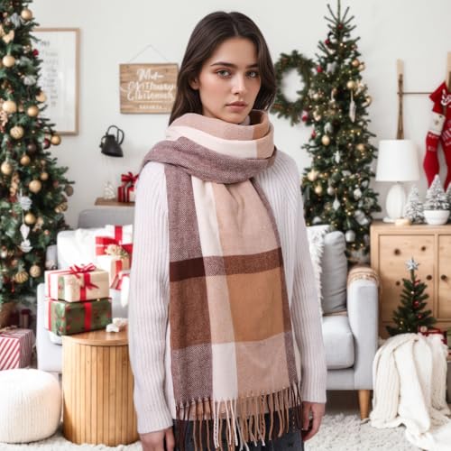 Clothirily Womens Winter Scarf, Oversized Long Blanket Plaid Shawl Wrap - color: Brown White Lattice