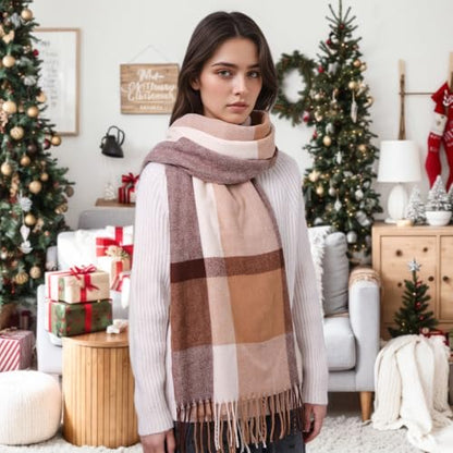 Clothirily Womens Winter Scarf, Oversized Long Blanket Plaid Shawl Wrap - color: Brown White Lattice