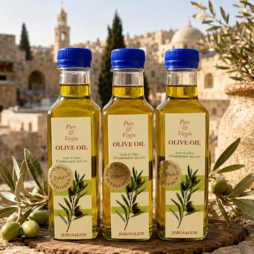 Zuluf Blessed Olive Oil Set of 3 Pure Anointing Oil from the Holy Land Jerusalem Bethlehem Christian Prayer for Baptism Christening Godparent Faith Gift Unscented 25.4 Fl Oz 3 Pack Bottles