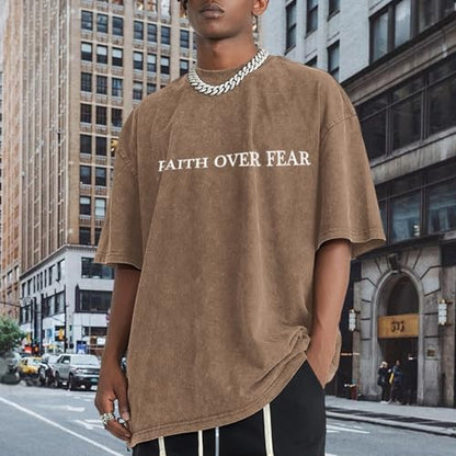 Christian Faith Over Fear Shirt for Men Jesus Religious Shirts Oversized Graphic Tees Acid Wash God T-Shirt - color: Coffee, size: Medium