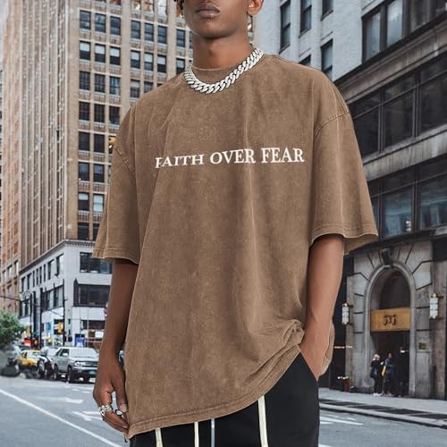 Christian Faith Over Fear Shirt for Men Jesus Religious Shirts Oversized Graphic Tees Acid Wash God T-Shirt - color: Coffee, size: 4X-Large