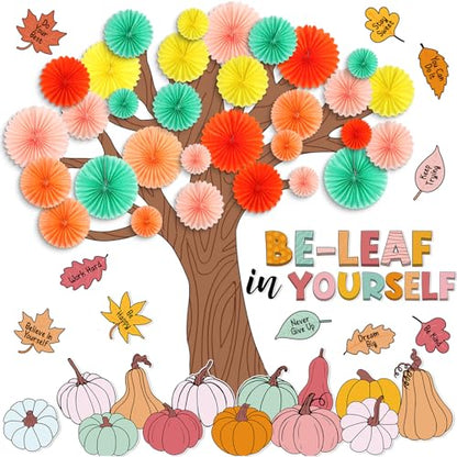 Gersoniel 81 Pcs Fall Tree Bulletin Board Decorations Be Leaf in Yourself Classroom Tree Bulletin Board Motivational Boho Pumpkin Cutouts 3D Paper Fans Crafts Thanksgiving Fall Harvest Wall Decor - style: Pastel