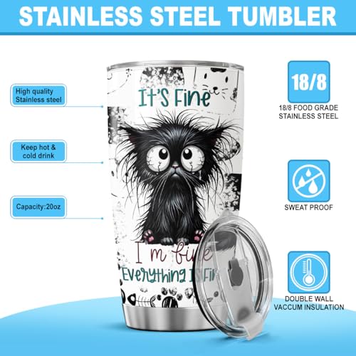 Funny Black Cat Everything Is Fine Tumbler, 20oz Stainless Steel Insulated Cup with Cute Crying Kitten Design, Sarcastic Gift for Cat Lovers, Friends, Coworkers, Birthday, Halloween - color: Funny Cat Lover