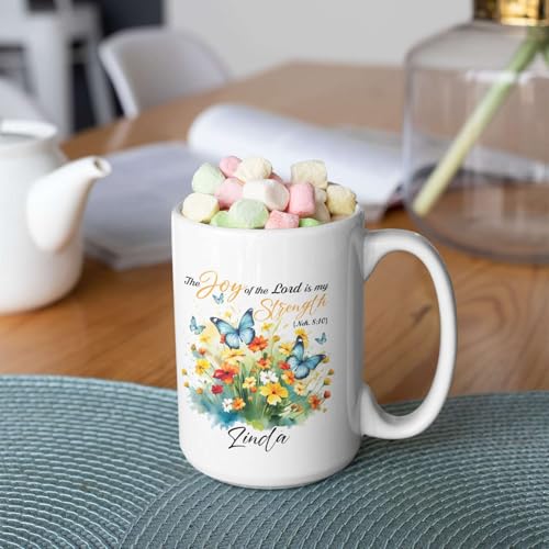 Butterfly And Flowers Design Mug, Custom Name Christian Themed Mug, Customized Bible Verse Bible Verse Mug, Personalized Inspirational Cup 11Oz Or 15Oz, Gifts For Christian Women - color: TRI-1223-1148-GOD IS MY STRENGTH MUG