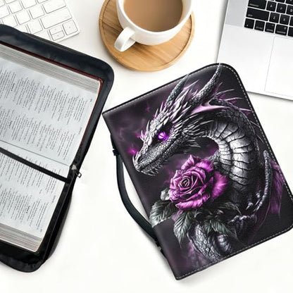 Bible Cover for Women Large PU Leather Zippered Bible Case with Handle and Black Dragon Rose Design, Christian Bible Cover for Girls & Women, Cover Fits Standard 9.5"x7.5"x2.3" Bible - color: Black Dragon Rose