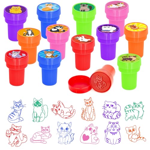 Cinrobiye 24 Pcs Cat Stampers Party Favor Set, Cute Kitty Stamps for Kids Birthday Party, Classroom Rewards, Carnival Prizes, Goody Bag Fillers, Cat Lover Party Supplies - color: Cat