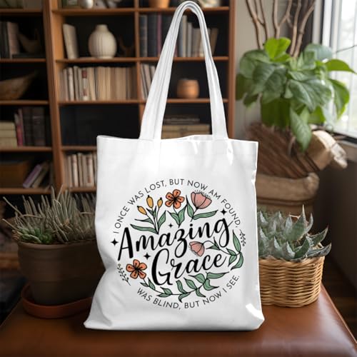 VICBOU Bible Verse Canvas Tote Bag Religious Christian Gifts for Women Men Faith Canvas Tote Reusable Grocery Bag - color: Amazinggrace