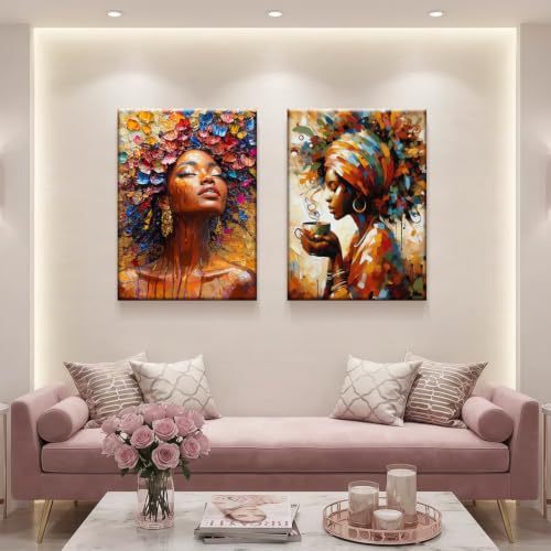 2Pce Framed Wall Art Set 24x16 Inches Modern Abstract African Woman Canvas Print Coffee Lady Portrait Poster Art Colorful Home Wall Decor Living Room Artwork - color: Five colors, size: 24x16 inch