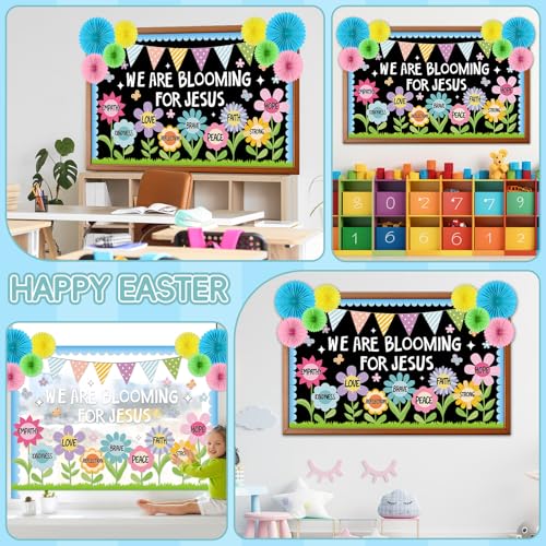 Christian Religious Bulletin Board Set Summer Floral Sunday School Classroom Decoration Positive Paper Fans 3D DIY We are Blooming for Jesus Cutouts for Church VBS Chalkboard Wall Prayer Board Decor - style: We are Blooming for Jesus