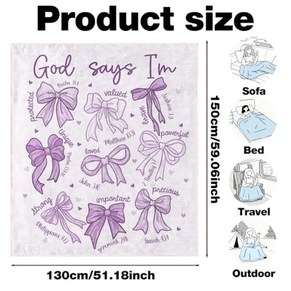 Purple Bow Christian Throw Blanket, Religious Flannel Blanket Gift - color: Purple Bow
