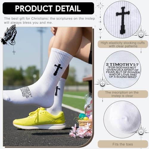 Unisex Cross Socks,Gifts for Christian On Easter and Christmas - color: 2 Timothy 1:7 - White